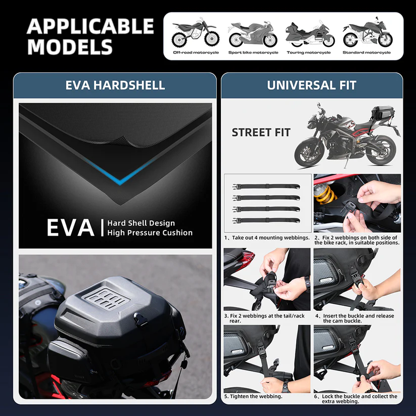 Hard Shell Motorcycle Tail Bag – Expandable 23-35L