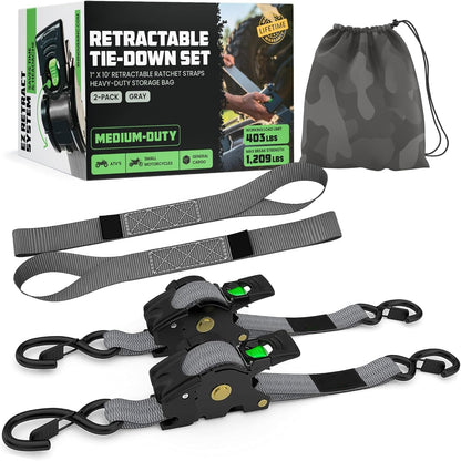 Retractable Ratchet Tie-Down Straps (2-Pack) – 1" x 10' (1209 lbs Break Strength)