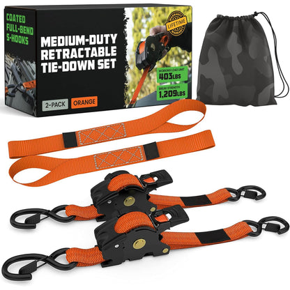 Retractable Ratchet Tie-Down Straps (2-Pack) – 1" x 10' (1209 lbs Break Strength)