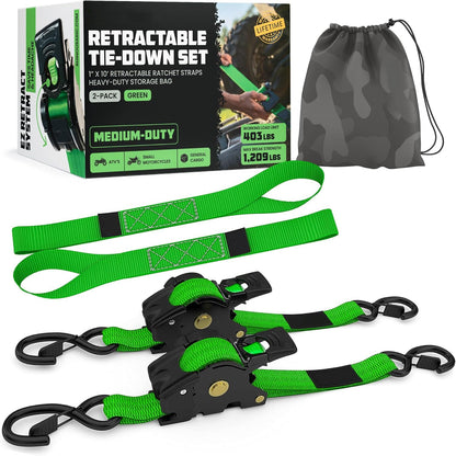 Retractable Ratchet Tie-Down Straps (2-Pack) – 1" x 10' (1209 lbs Break Strength)