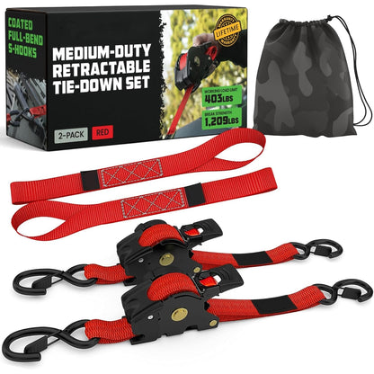 Retractable Ratchet Tie-Down Straps (2-Pack) – 1" x 10' (1209 lbs Break Strength)